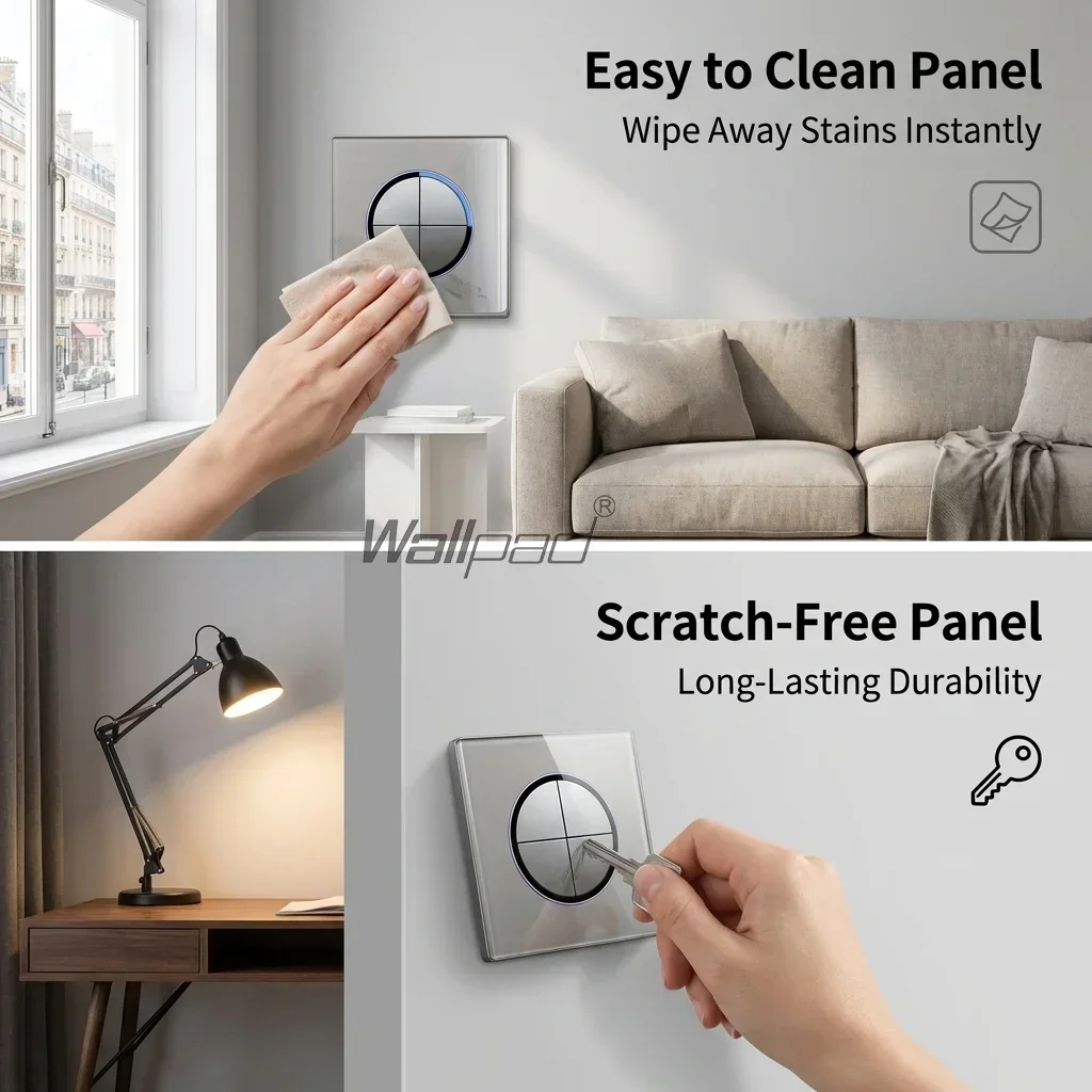 Wallpad-LEDリングインジケーター付きラウンドボタンスイッチ、ガラスパネル、1、2、3、4ギャング、2ウェイ、110v、250v、16a、青