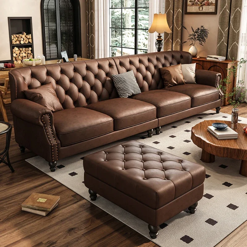 American Retro Sofa Fancy Leather Small Apartment Buckle Sofa First Layer Cowhide Canape Salon Furniture Couch