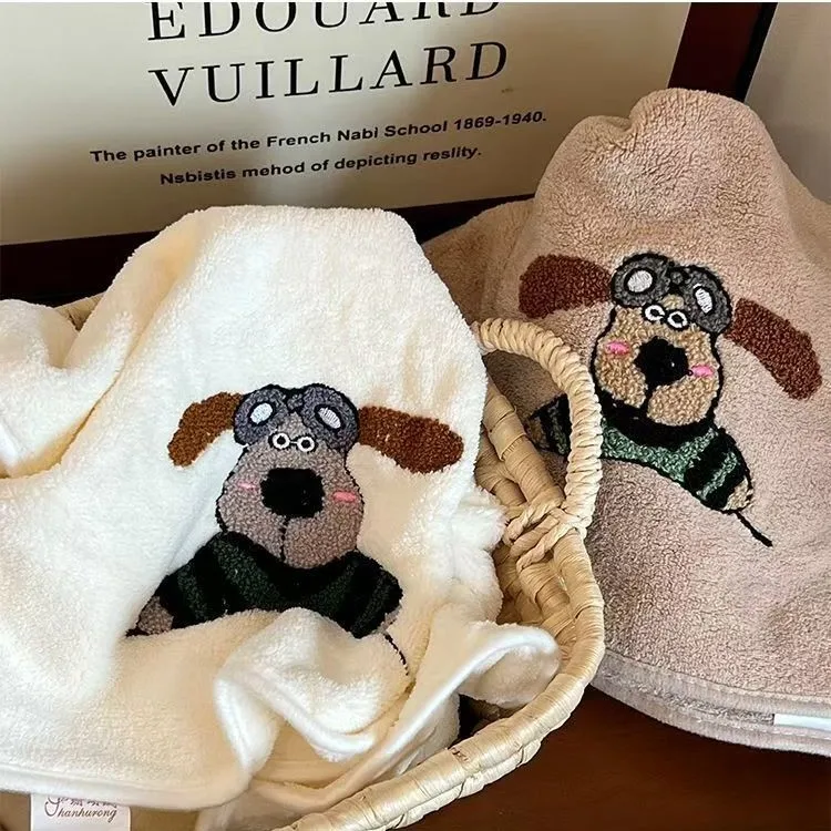 Plush Coral Fleece Towel Ultra-Soft Highly Absorbent Face Bath Towel for Home Use Featuring Cute Pilot Puppy Cartoon Design