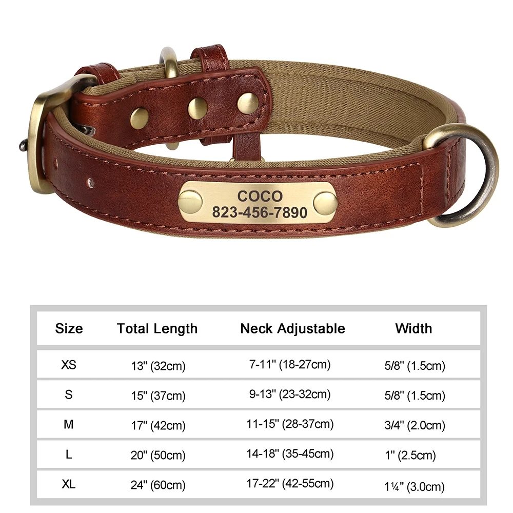 Personalisiertes, individuelles Hundehalsband aus Leder mit Namensschild, weich gepolstert, mit kostenloser Gravur des Namens für kleine, mittelgroße und große Hunde