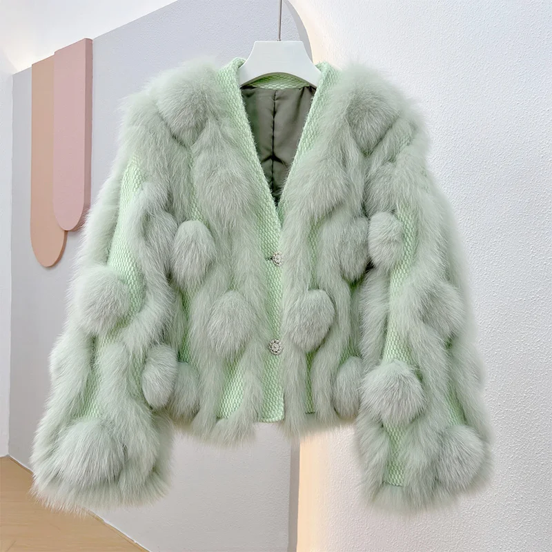 

2024 New Real Full Pelt Fox Fur Coat Women Short V-neck Single Breasted Fur Warm Fashion Jacket Mink Fur Coats Autumn Winter