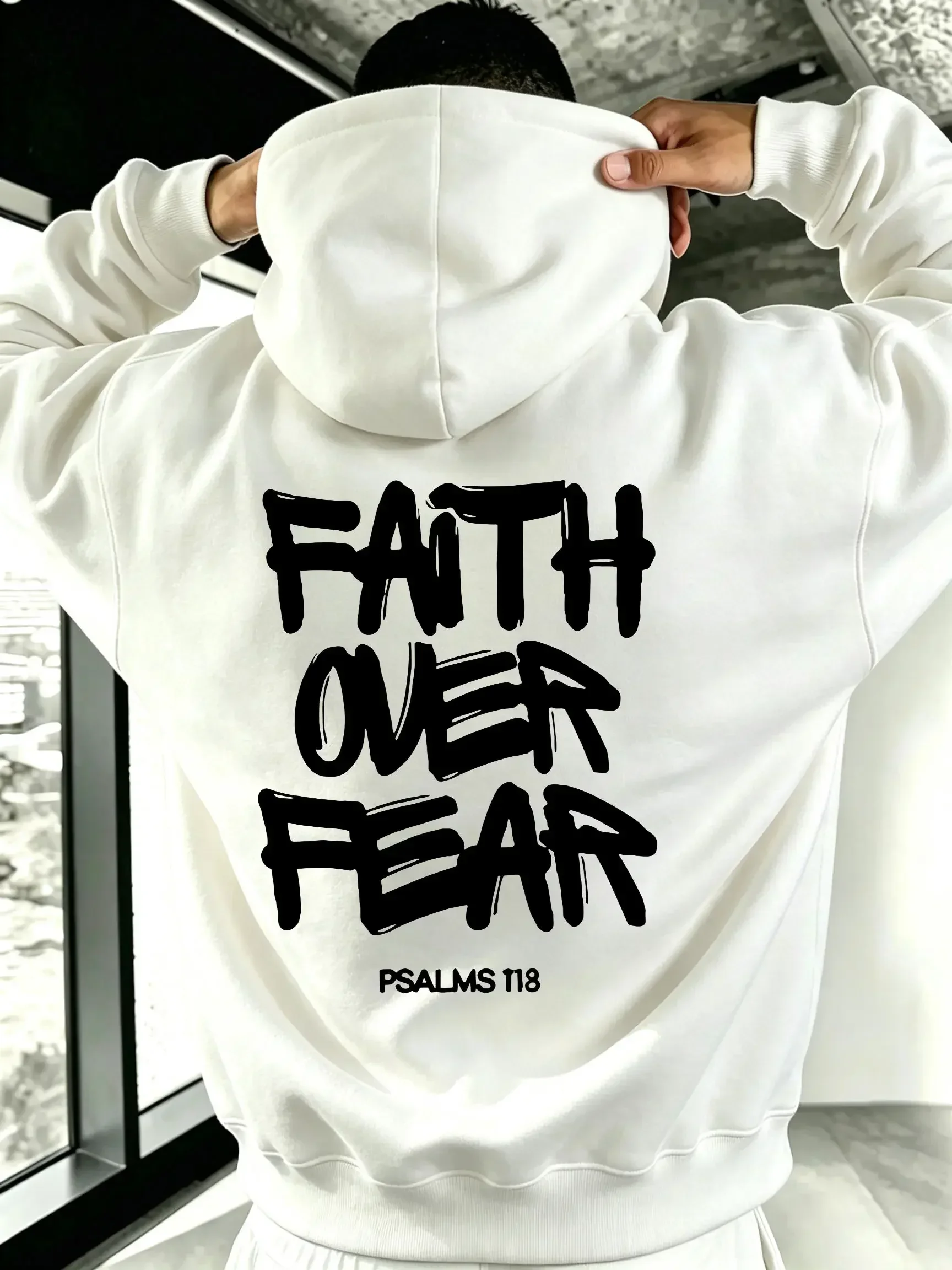 FAITH OVER FEAR Double-Sided Hoodie with Bold Brushstrokes and Graffiti Design PSALMS118 Vertical Lettering Unisex Oversized Sweatshirt 【Runs Small, Order One Size Up】,sohochic