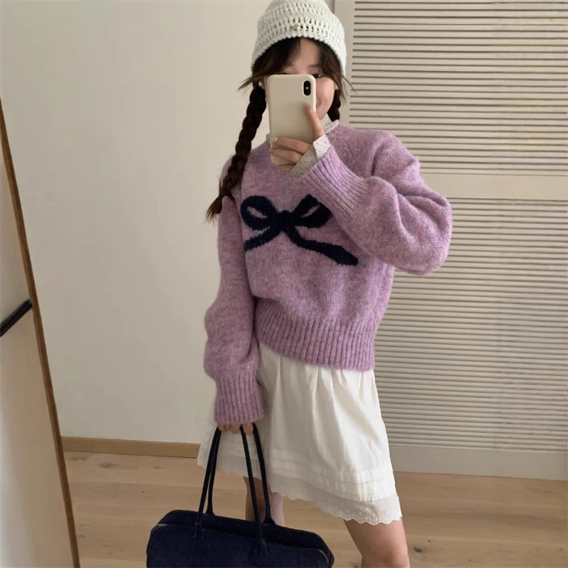 

Korean Fashion Soft Long Sleeve Crew Neck Knitwear Women's Autumn Winter Japanese bow Sweet Sweater Outerwear cardigan crop top