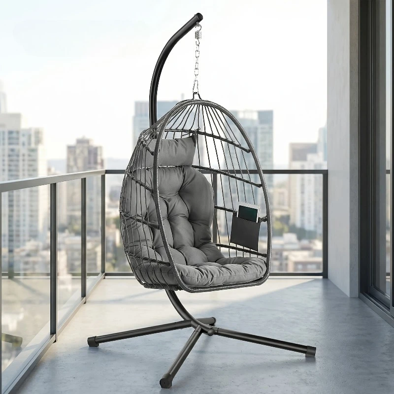 Hanging Egg Chair with Stand – Foldable Removable Basket, Height Adjustable Swing Chair with Pocket & Cushion, Indoor/Outdoor