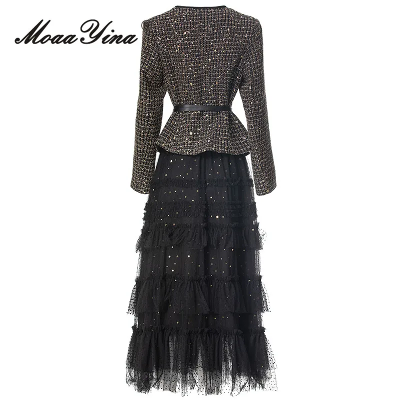 MoaaYina Mode Herbst Und Winter frauen Linie Pailletten Einreiher Top + Rüschen Rand Pailletten Unten Rock Zwei-stück Set