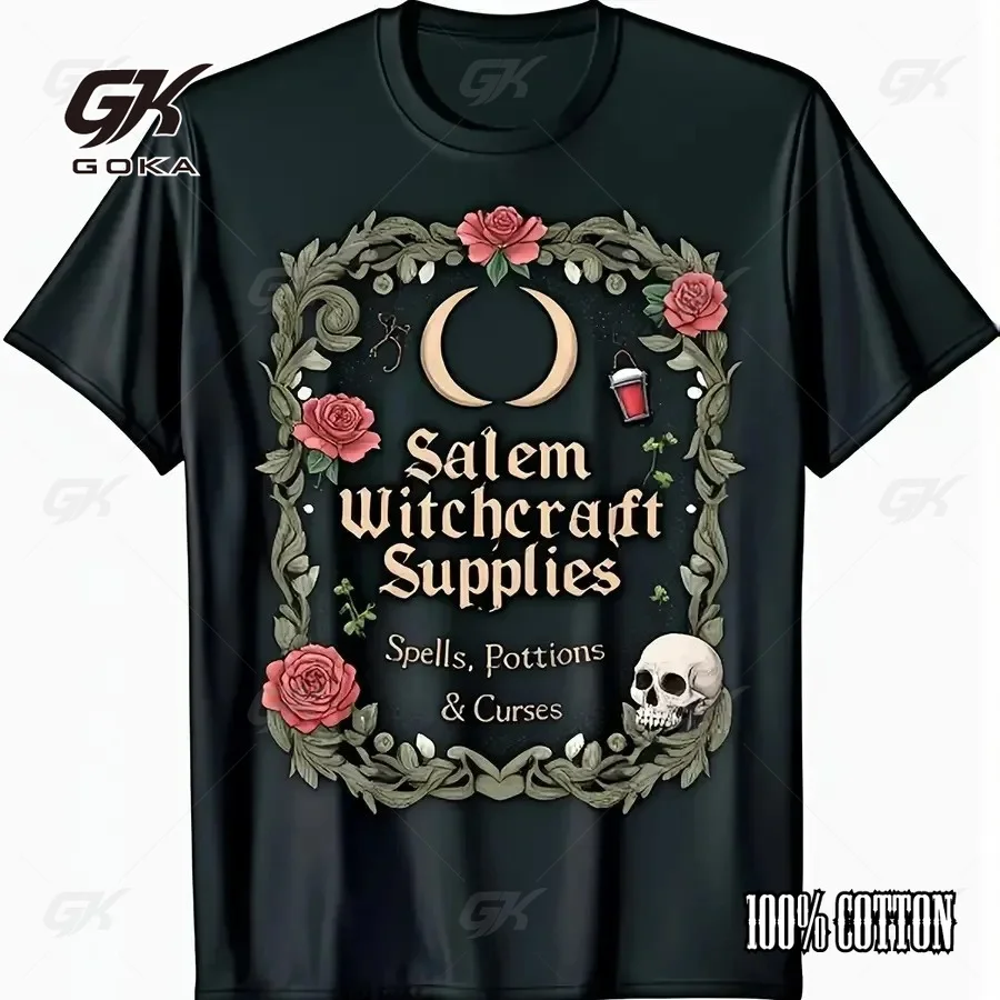 Salem Witchcraft Supplies Gothic T-Shirt, Dark Green Spooky Witchy Graphic Street Tee, Occult Floral Moon Casual Streetwear