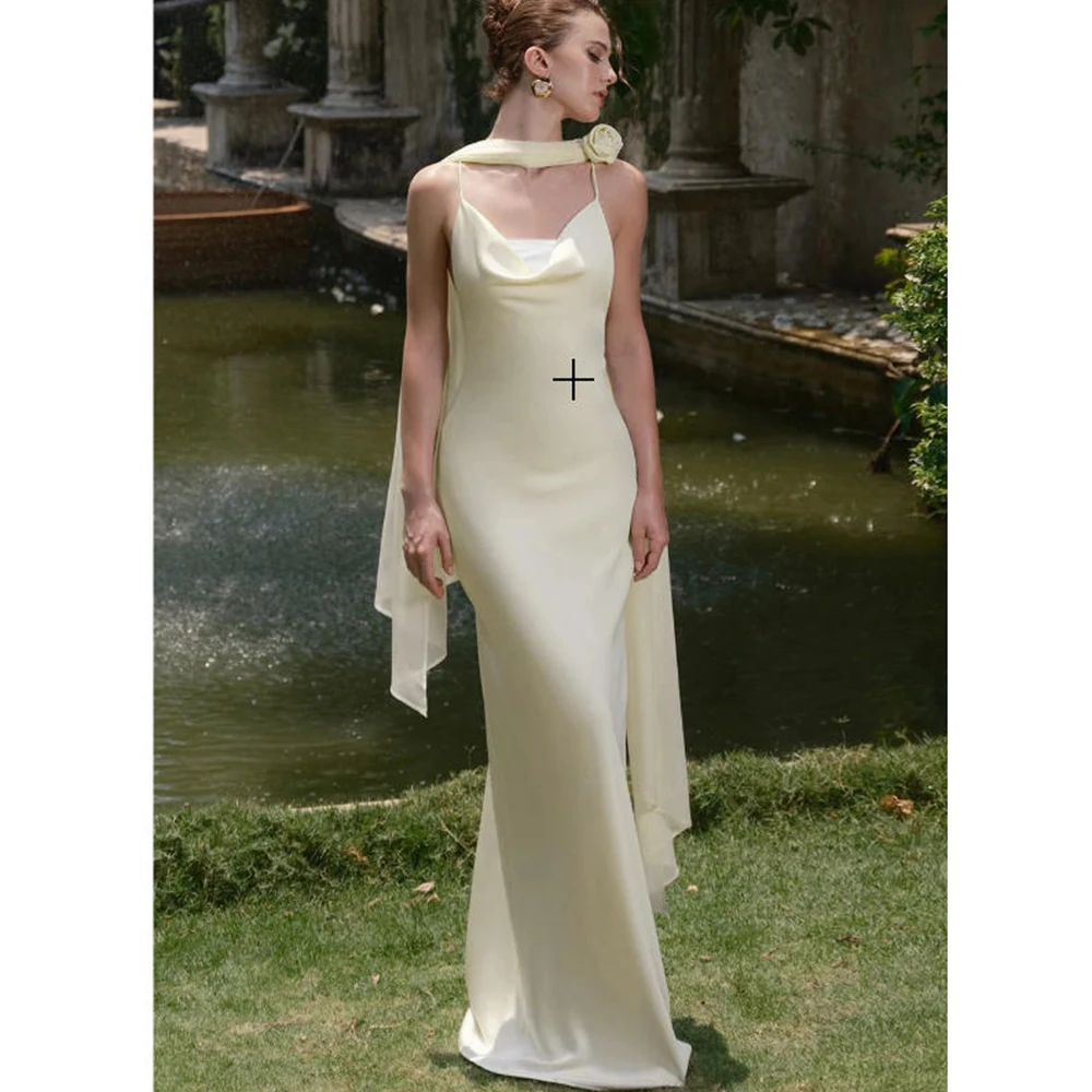 Champagne amarelo cetim cinta de espaguete vestido de noite feminino elegante decoração flor vestido formal fino maxi vestido de baile de casamento