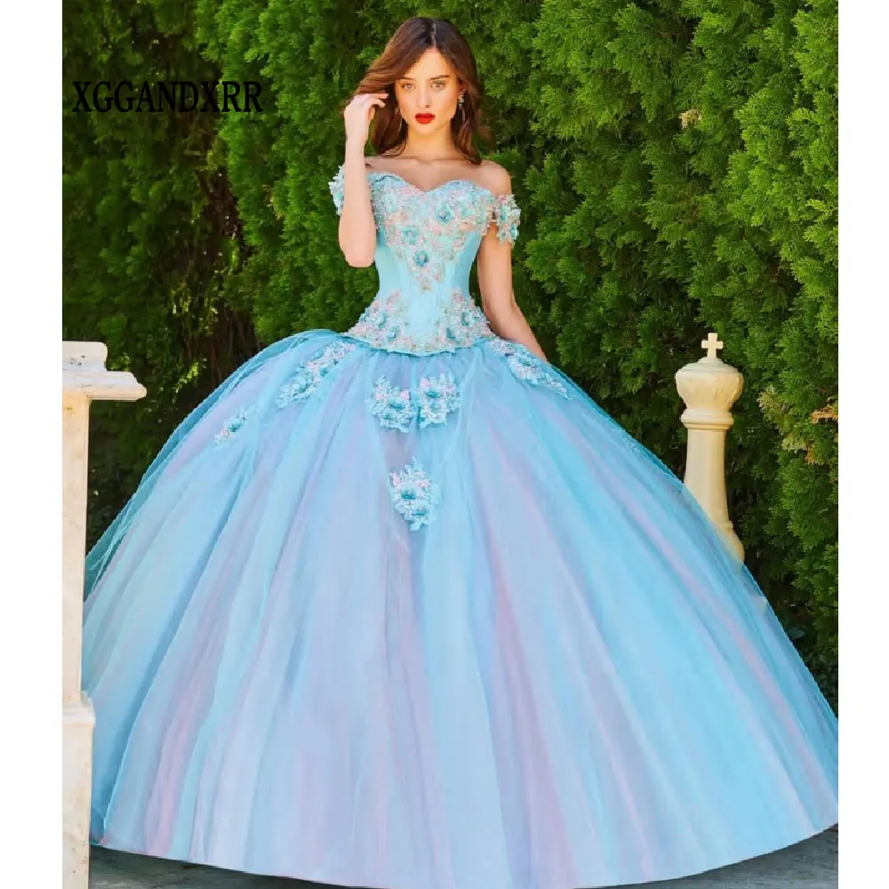 

Elegant Sky Blue Quinceanera Dress 2024 Mexican Vestidos De 15 Princess Sweet 16 Birthday XV Ball Gown Cinderella Girl Dress