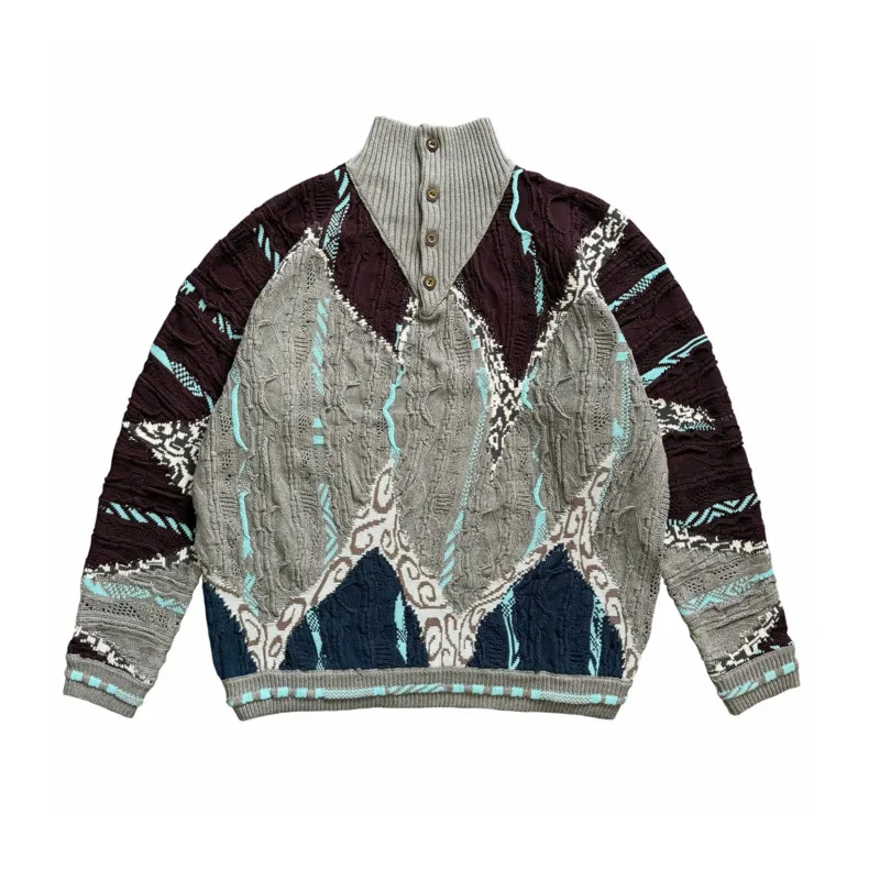 HKSH Color-Block Half Turtleneck Button Patchwork Textured Niche Style Autumn Winter New Men Pullover Jacquard Sweater HK17017