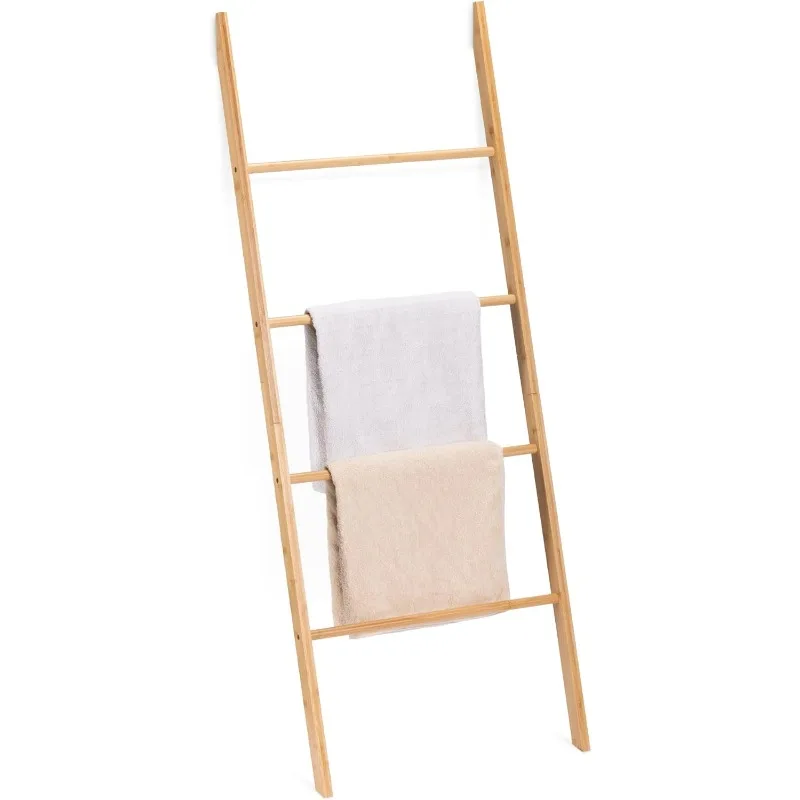 Bamboo Towel Ladder - Wood Rack for Towels, Clothes, Blankets - Wall Leaning Wooden Rack for Bathroom, Bedroom