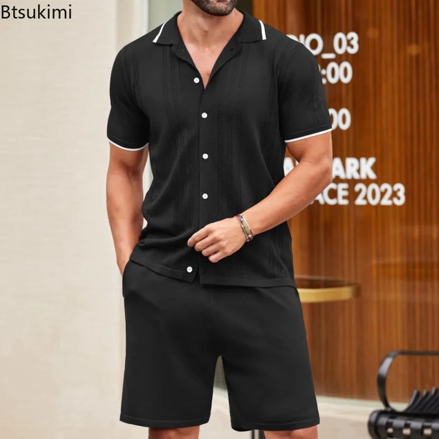 Fashion Men's Business Casual Knitted Two Pieces Sets Summer New Ice Silk Short Sleeve Cardigan and Shorts Men Polo Shirts Suit