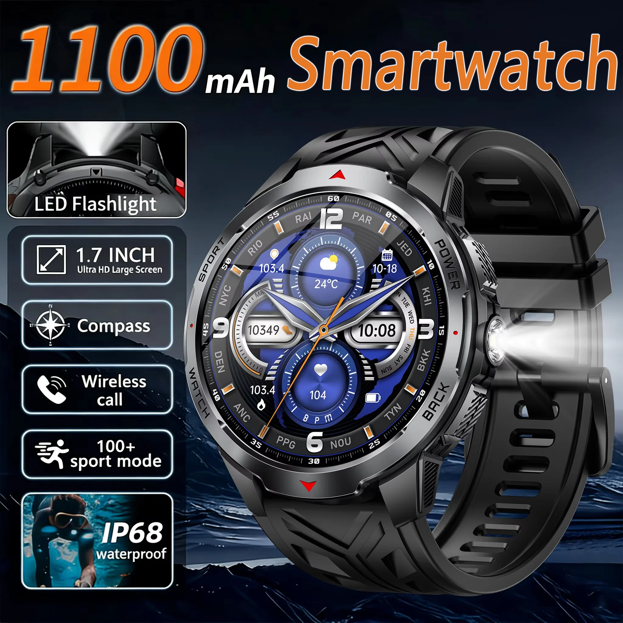 

Новые умные часы для мужчин с аккумулятором 1100 мАч, длительным временем работы, водонепроницаемостью IP68, измерением пульса, спортивными функциями, Bluetooth-звонками и большим аккумулятором.