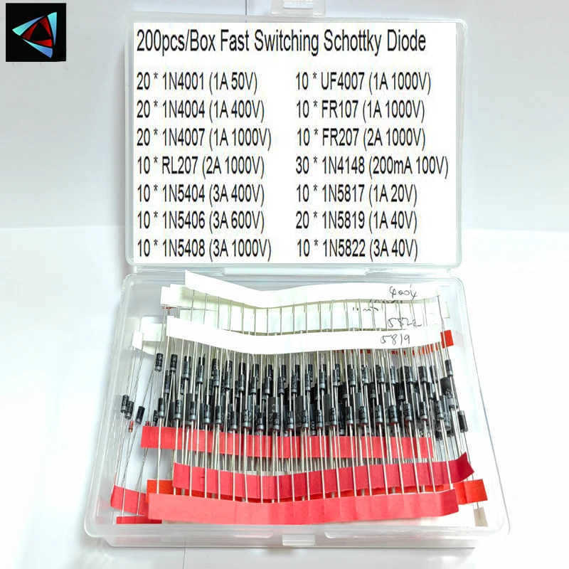 200pcs/Box Fast Switching Schottky Diode Assorted Kit 1N4001 1N4004 1N4007 1N5408 UF4007 FR207 1N5817 1N5819 1N5822 1N4148 RL207