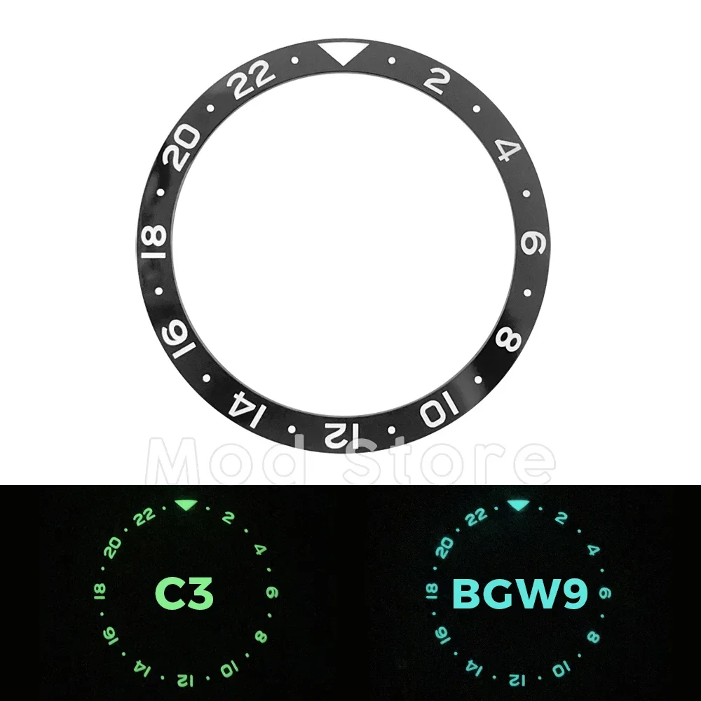 Flat 24H GMT 38mm C3 BGW9 Lume Black Ceramic Bezel Insert Watch Ring Replacement for SKX007 SKX009 Dual Time Zone