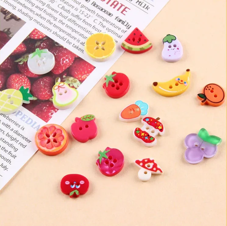 Children's Cartoon Fruit & Vegetable Resin Buttons 13-20mm Colorful Knitted Decorative Accessories Educational Craft Supplies