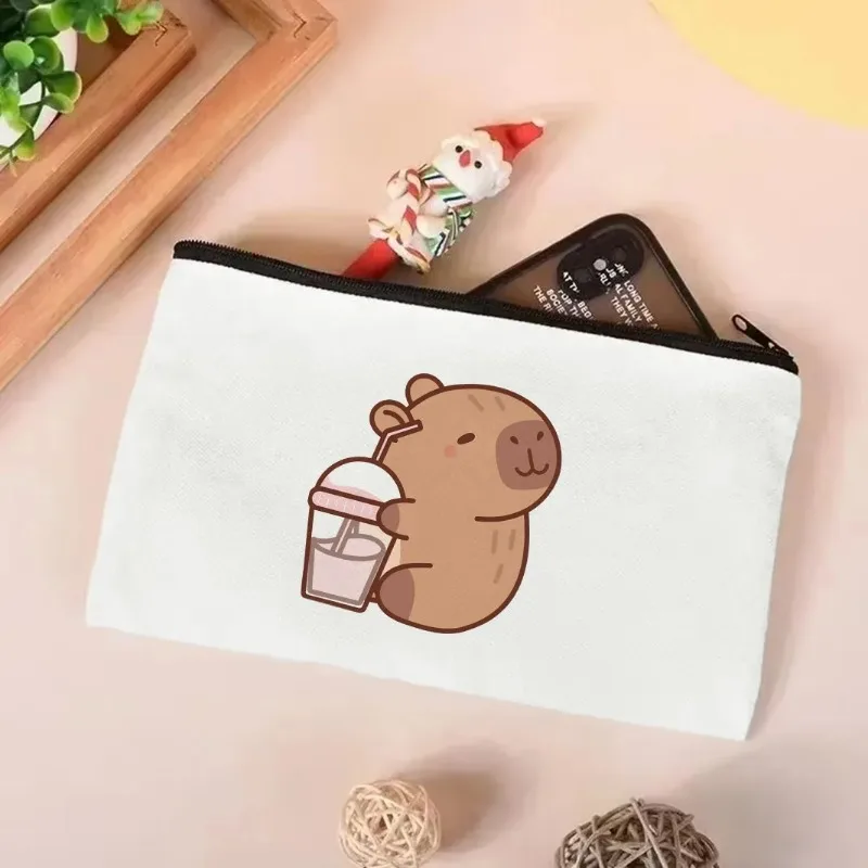 Tas Belanja Kanvas Pola Capybara Menggemaskan Tas Tote Katun Kapasitas Besar untuk Siswa Perjalanan Kantor Aksesori Kawaii Trendi