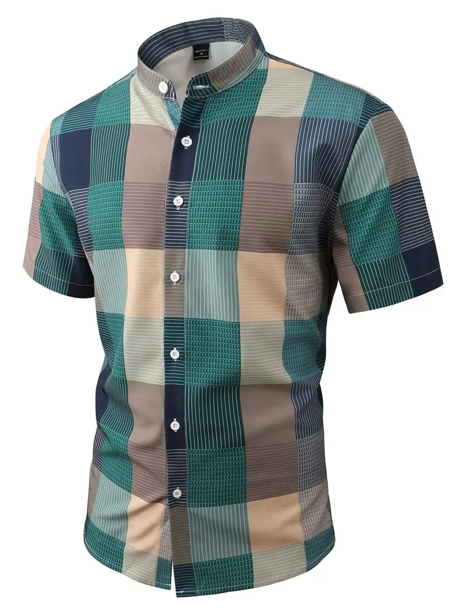 

Men's Short Sleeve Casual Shirt with Geometric Patchwork Print