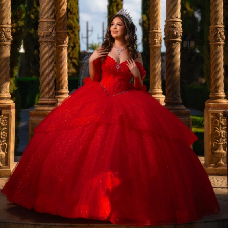 

Red Shiny Quinceanera Dresses Off The Shoulder Beading Crystal Bow Tull Corset Party Birthday Sweet 16 Dress Vestidos 15 De Anos
