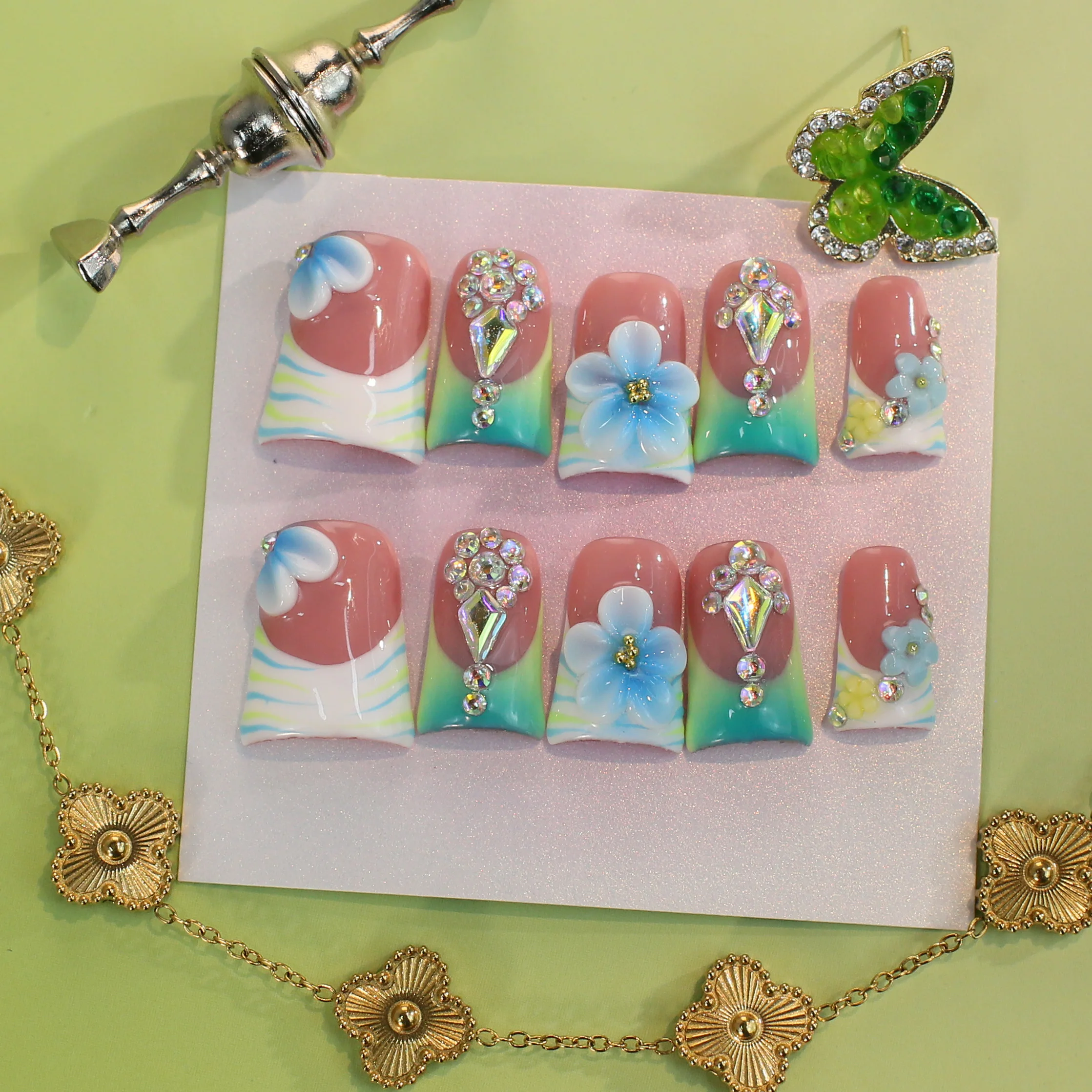 

Handmade Dopamine Pink Blue Press On Nails 3D Gem Flower Decor Summer Vibe Nail Art Stickers