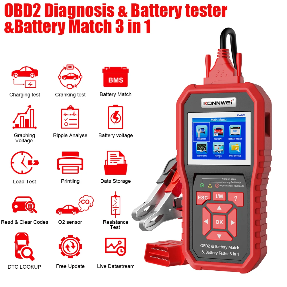 KONNWEI KW880 12V Car Battery Tester Analizer Auto Diagnostic Tool Battery Match 3 in 1 Car OBD2 Scanner Full OBD2 Function