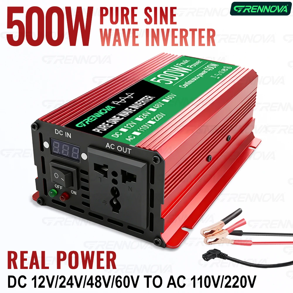 Pure Sine Wave Inverter 500W DC 12V/24V/48V/60V to AC 110V/220V Voltage Transformer Real Power 400W for Home Solar System