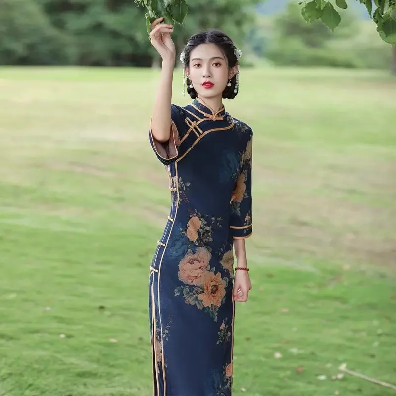Spring Autumn Ladies Maxi Dress Retro Women Chinese Style Long Dresses High-end Female Seven Points Sleeve Cheongsam Dress