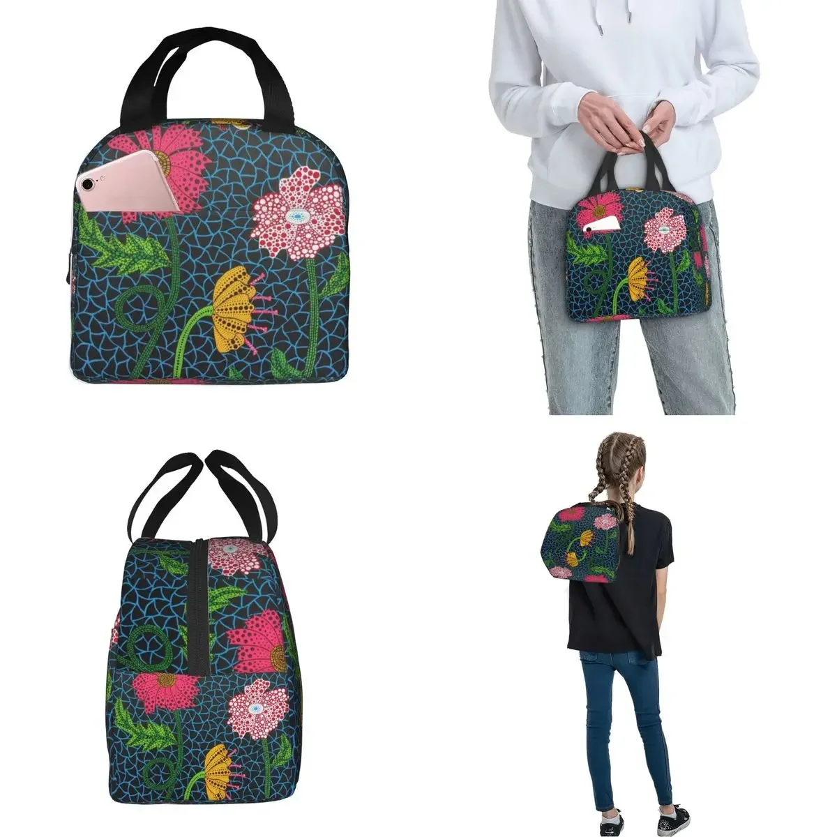 Flowers  Insulated Lunch Bags Cooler Bag Lunch Container Yayoi Kusama Art Abstract Tote Lunch Box Food Handbags School Outdoor