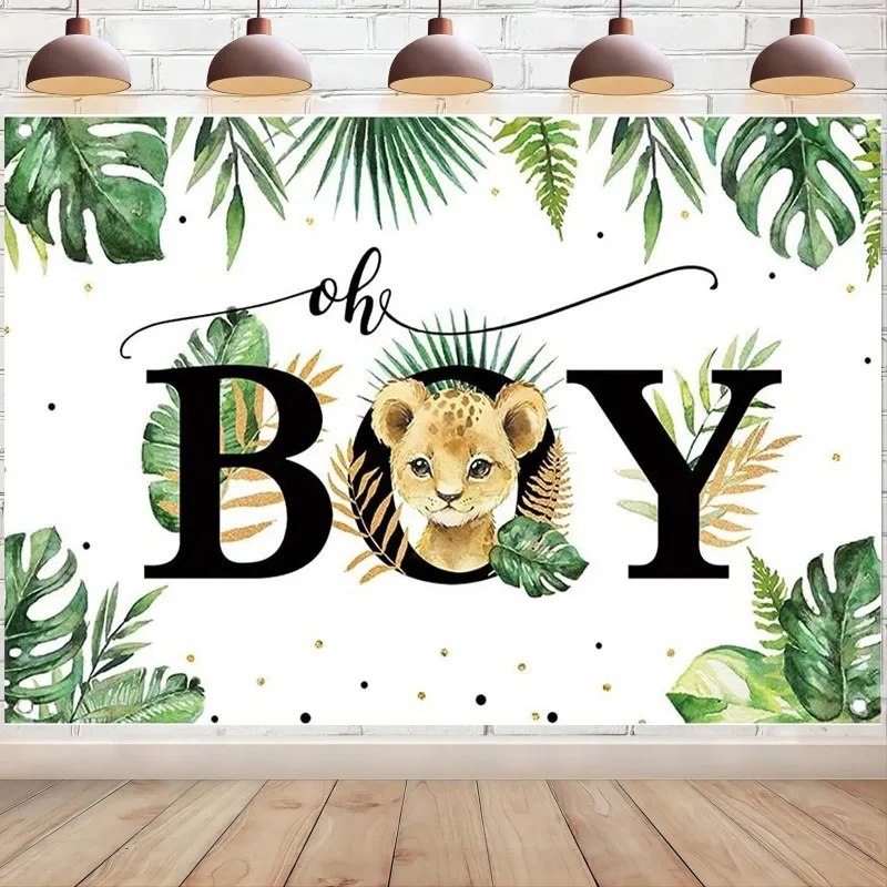 

Safari Oh Boy Backdrop for Baby Shower Lion Greenery Party Decoration Jungle Animal Tropical Leaves Wild Photo Background Banner