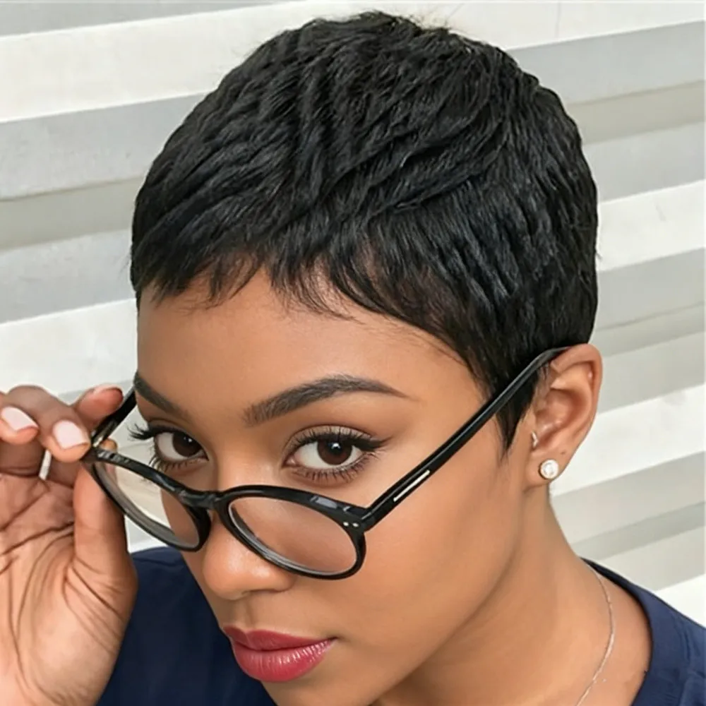 

Парик машинного производства для женщин, 4 дюйма, прямой короткий многослойный парик плотности 150%, натуральный черный цвет, парик из человеческих волос с волнами пикси