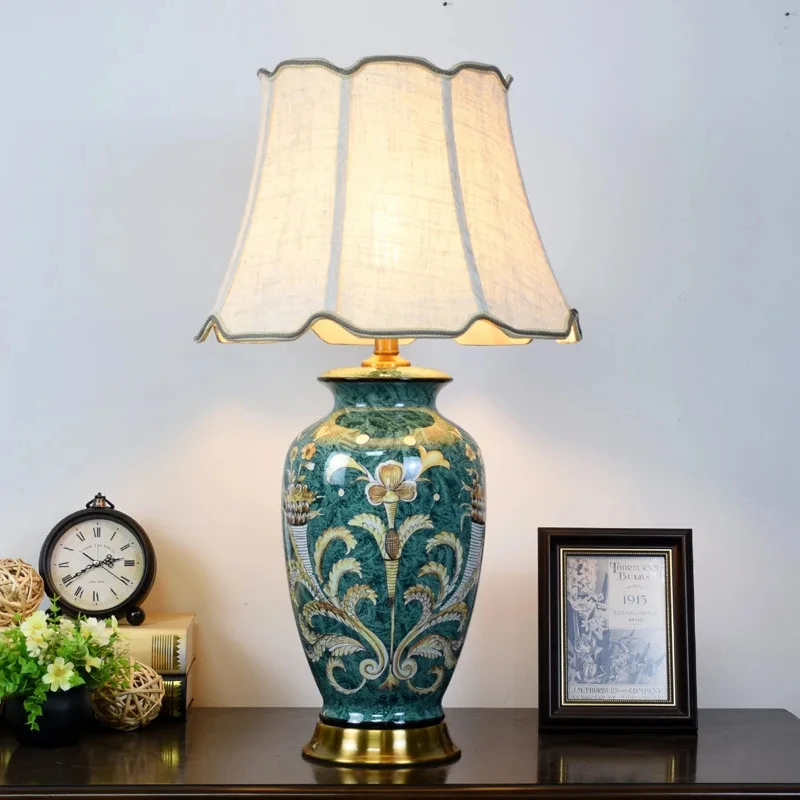 

Copper Table Lamp American Style for Living Room Jingdezhen Ceramic Lamp Luxury Bedroom Bedside Decorated LED Lamp