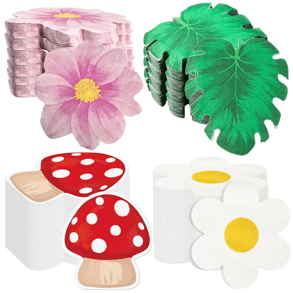 20pcs Disposable Paper Napkins Daisy Mushroom Palm Leaf Flower Kids Birthday Party Baby Shower Decoration Supplies