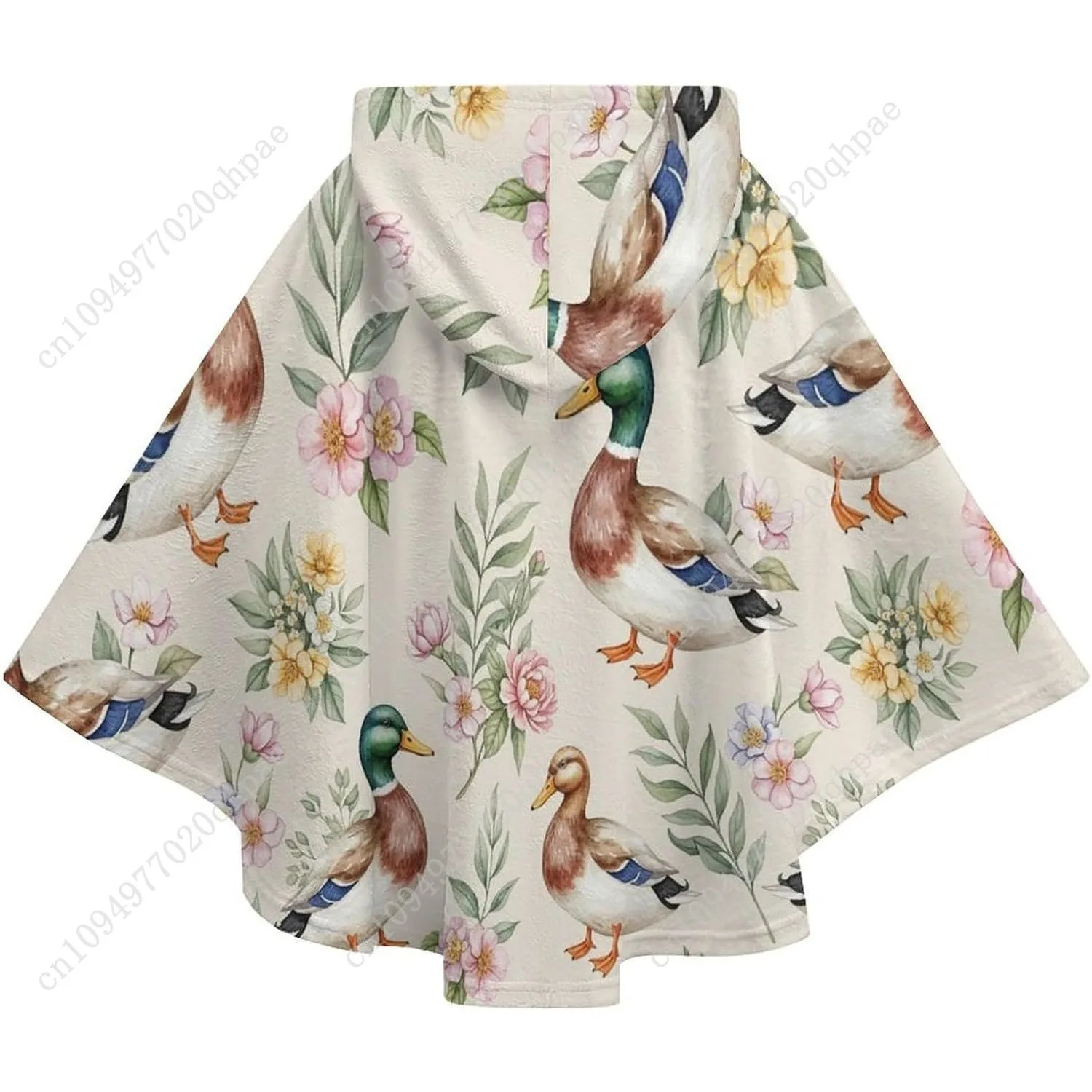 Przytulny sweter-koc z flaneli, bluza z kapturem oversize z kaczkami, kwiatami i liśćmi, z kieszeniami dla dzieci i nastolatków.