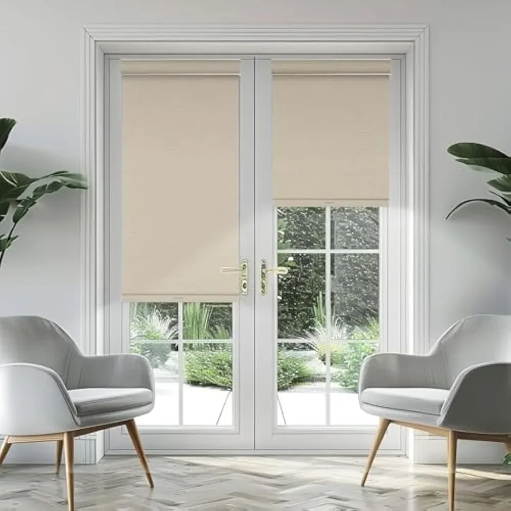 Blackout Roller Shades for Windows Cordless Roller Blinds with Cassette Valance Jacquard Insulated Fabric for French Doors