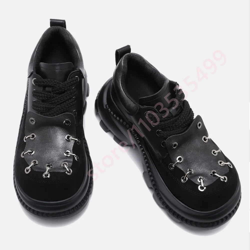 

Thick Sole Round Toe Y2K Black Lace-Up Shoes 2025 Autumn New Street Metal Rivet Sports Casual Shoes Fashion Women's Pumps