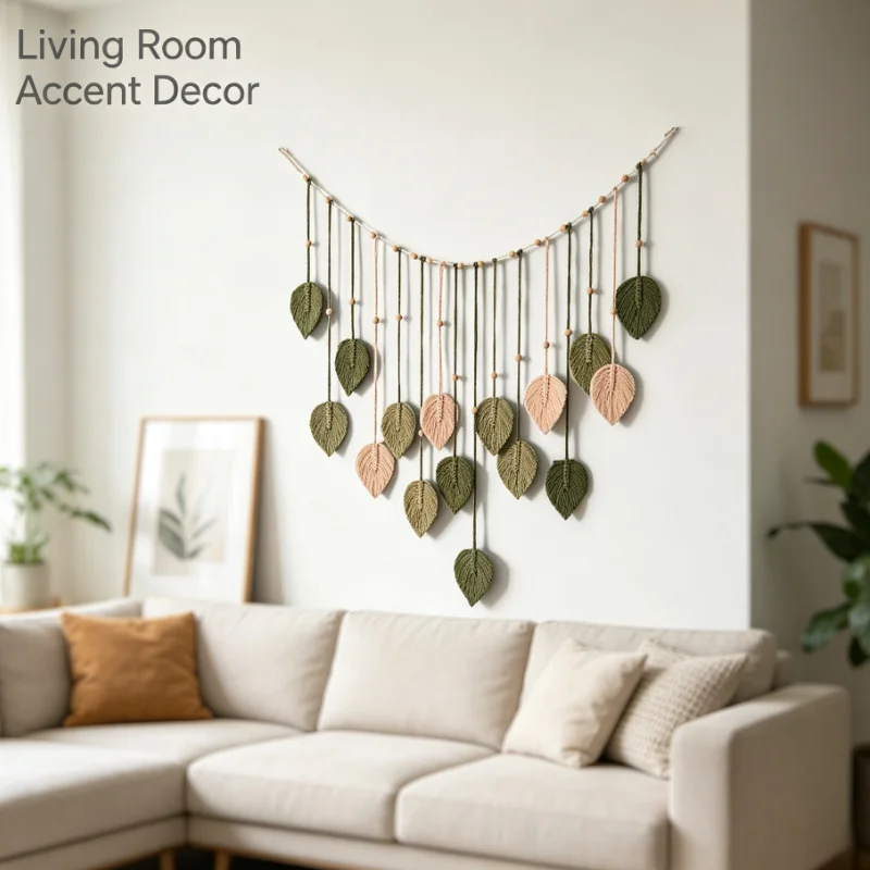 Cotton rope hand-woven wooden beads and leaves photo wall hanging, tapestry fringed wall hanging