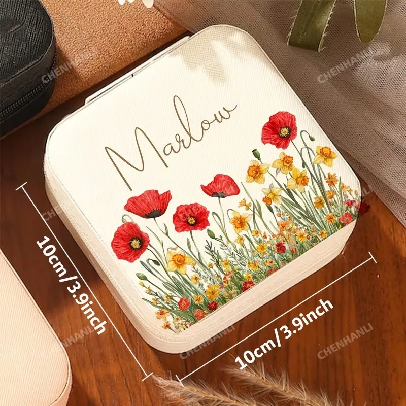 Custom flower field Beige jewelry box, custom name, bridesmaid gift, graduation birthday gift for sisters friends,best gift - view 2