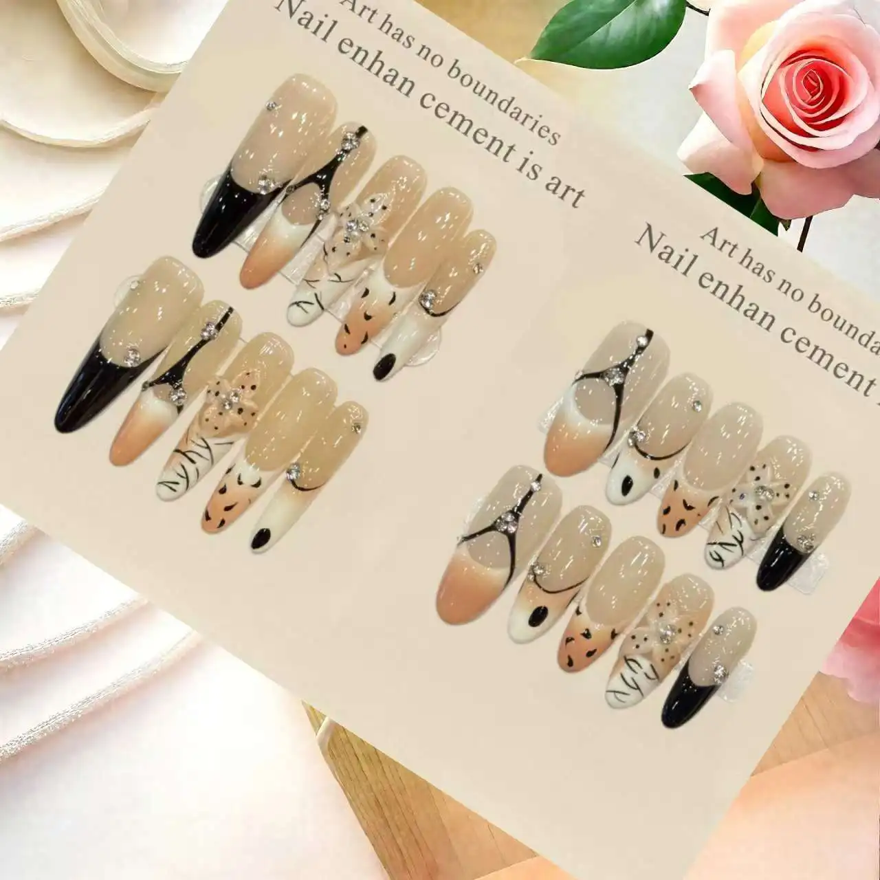 

10 шт. Пресс на ногти с цветочным принтом Майярда, ручная роспись, 3D-резьба и леопардовый принт, с 4 шт., клейкие вкладки для ногтей