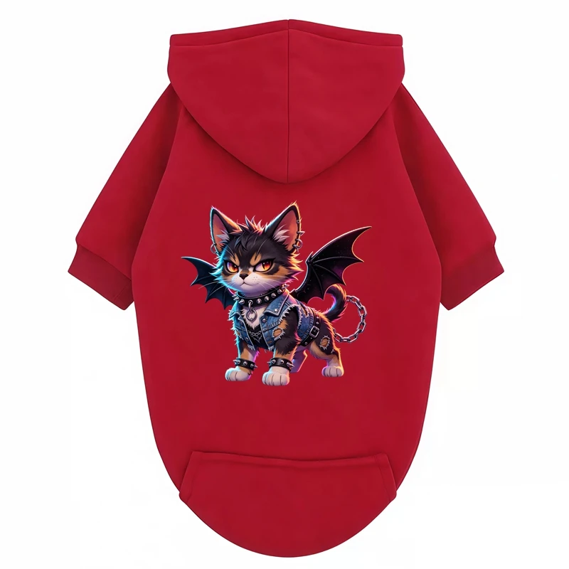 Personalized Rock Winged Cat Pattern Pet Hoodie Small Dog Cat Autumn Winter Fleece Warm Clothes Trendy Orange Dog Sweatshirt