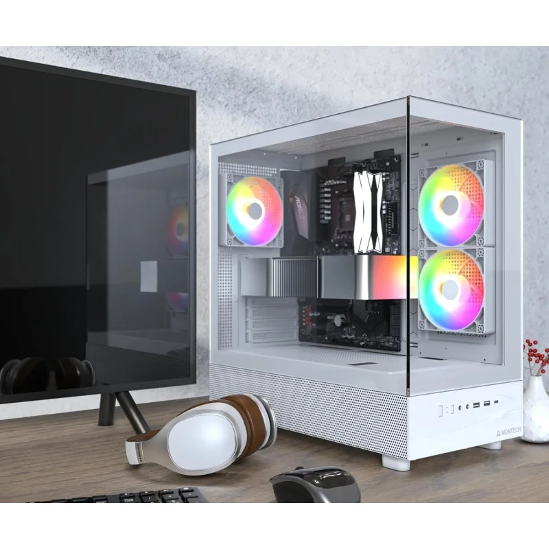 XR, ATX 미드타워 PC 게이밍 케이스, 3개의 120mm ARGB PWM 팬 사전 설치, 풀뷰 듀얼 강화유리 패널, 우드 그레인 디자인