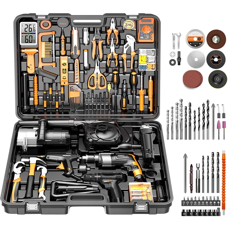 Conjunto de ferramentas manuais elétricas, furadeira elétrica doméstica, hardware, eletricista, manutenção especial, caixa de ferramentas multifuncional, carpintaria