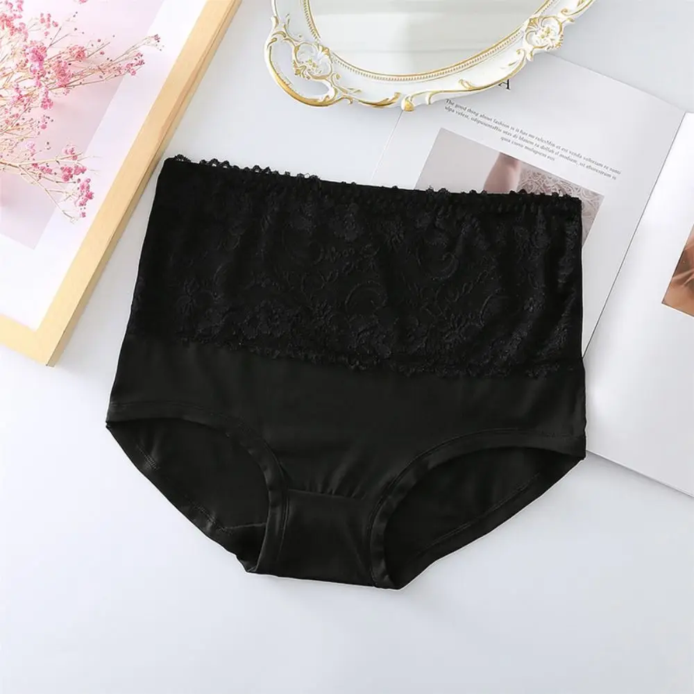 

4Pcs Mid Waist Lace Flower Briefs Large Size Tummy Control Seamless Panties Solid Color Underpants Underwear for Women Girl