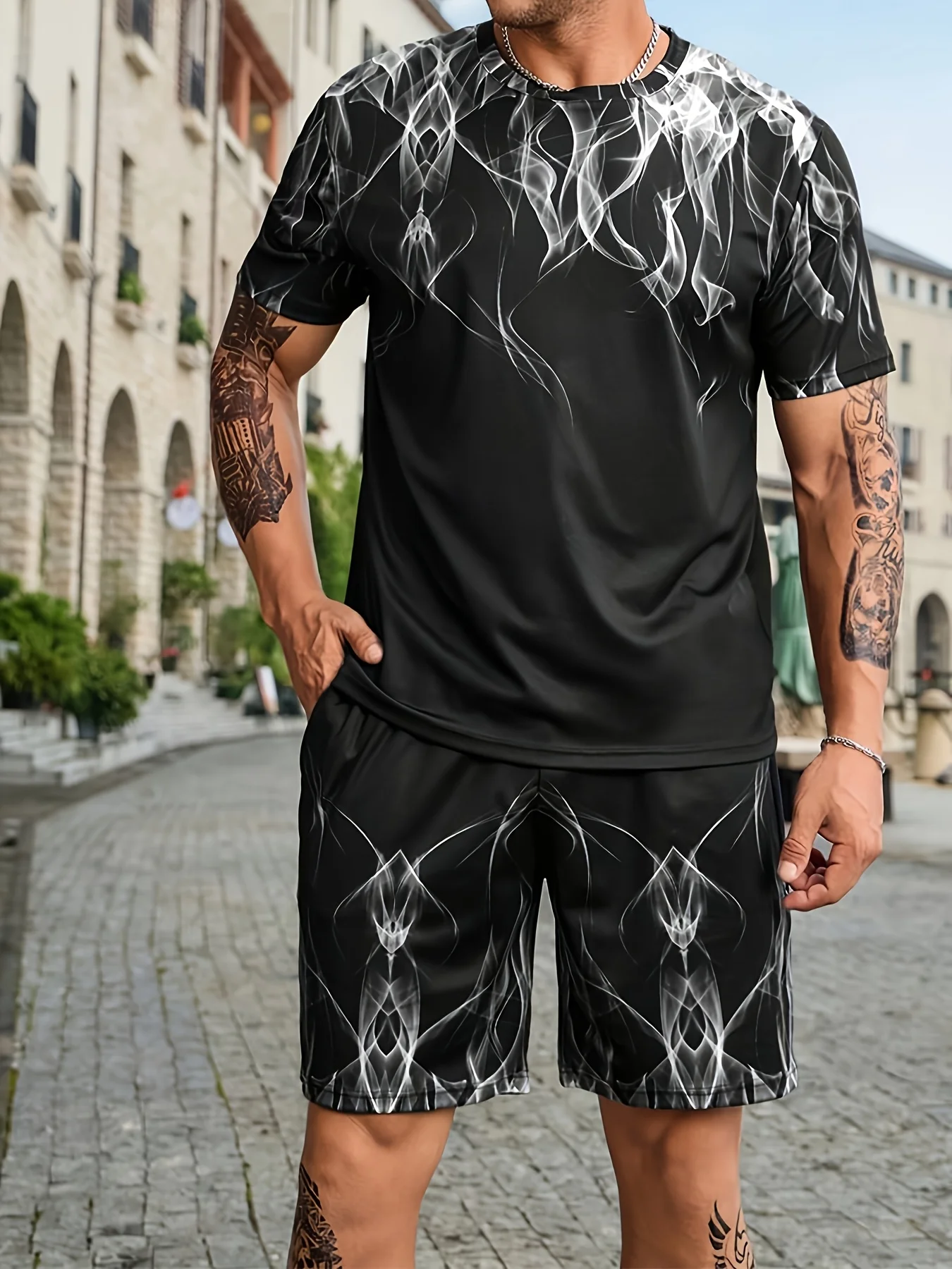 

Trendy 3D Printed T-shirt Shorts 2-piece Set Plus Size Loose Outdoor Casual Men's Clothing Short Sleeve Top Pocket Shorts Set
