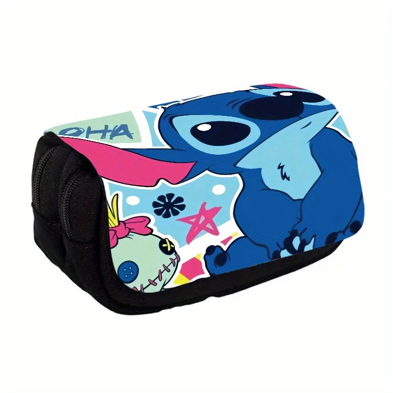 Disney\'s New Stitch Cartoon Double Layer Large Capacity Flip Pen Bag Stationery Box