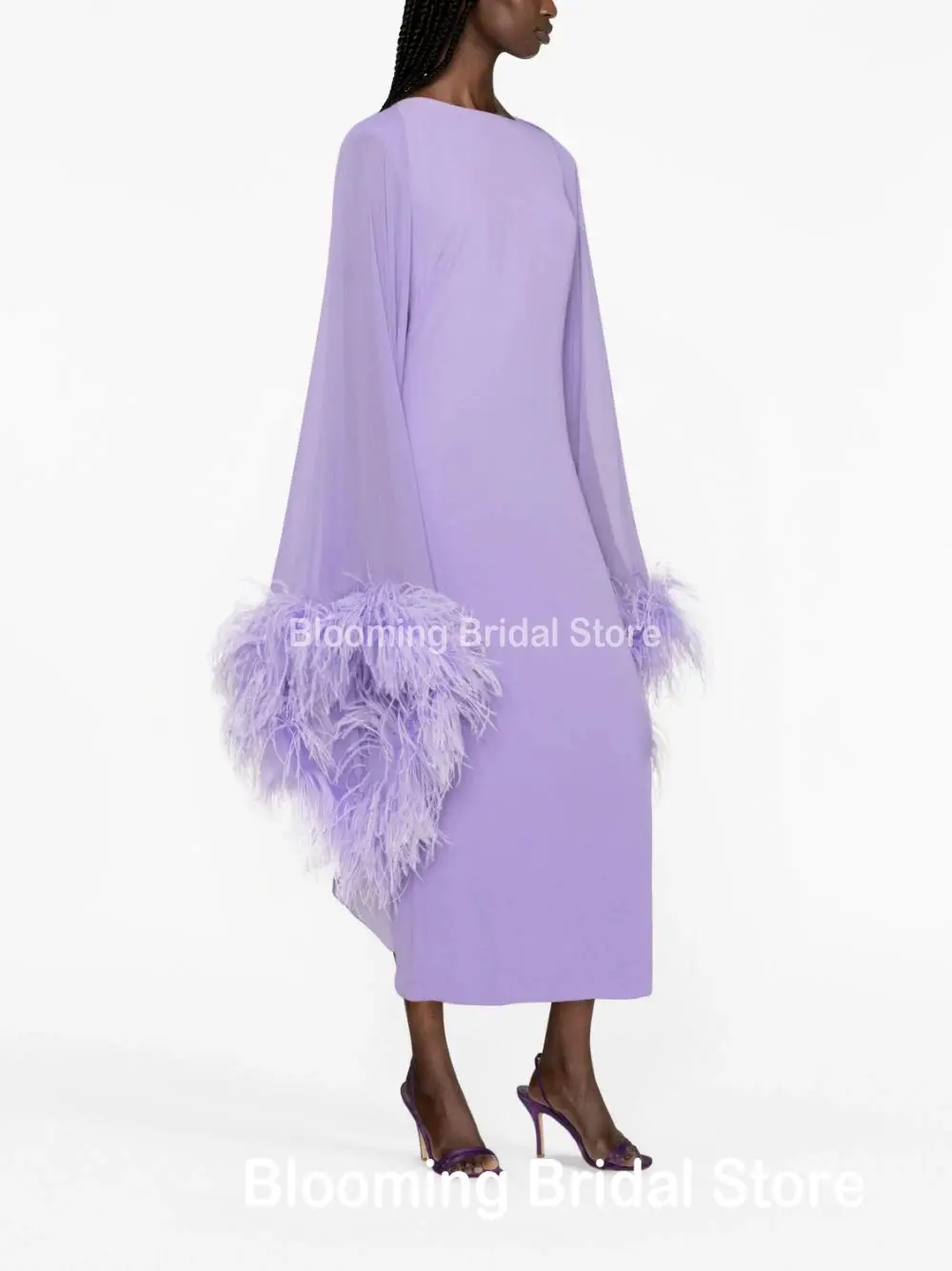 Elegant Jewel Collar Long Sleeves with Feathers V Back Ankle Length Evening Dresses for Women 2024