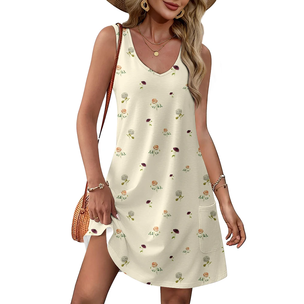 

2024 new women's summer pure cotton round neck small floral rice white dress comfortable casual trend loose pocket skirt