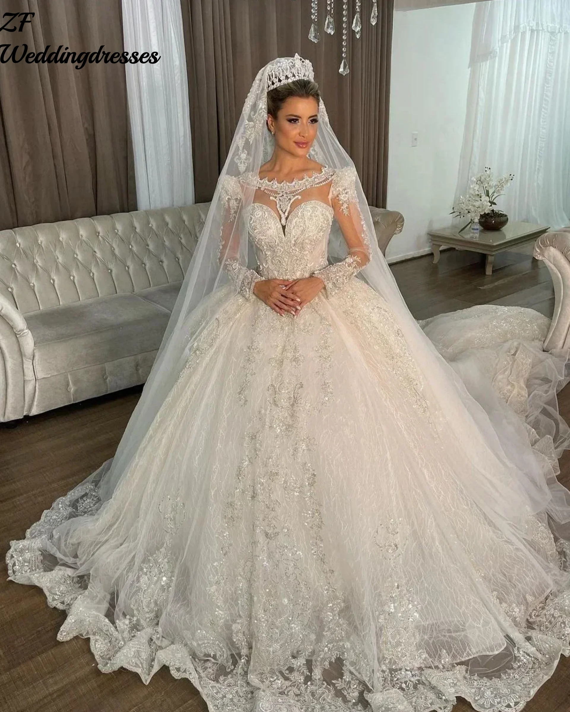 

Изысканное кружевное бальное платье по индивидуальному заказу, свадебные платья, блестящие свадебные платья с круглым вырезом и блестками, аппликация, Vestido de noiva