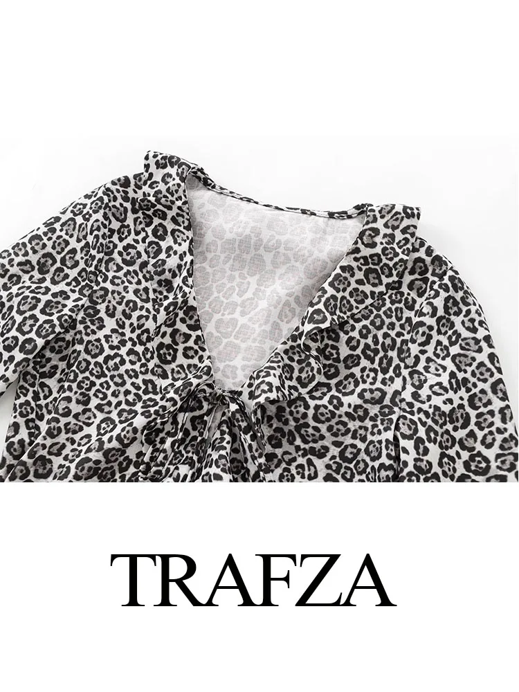 Trafza Damesmode Luipaard Gelaagde Decoratie Met V-Hals Casual Overhemd Voor Dames Lange Mouwen Met Ruches En Slanke Blouse Crop Top