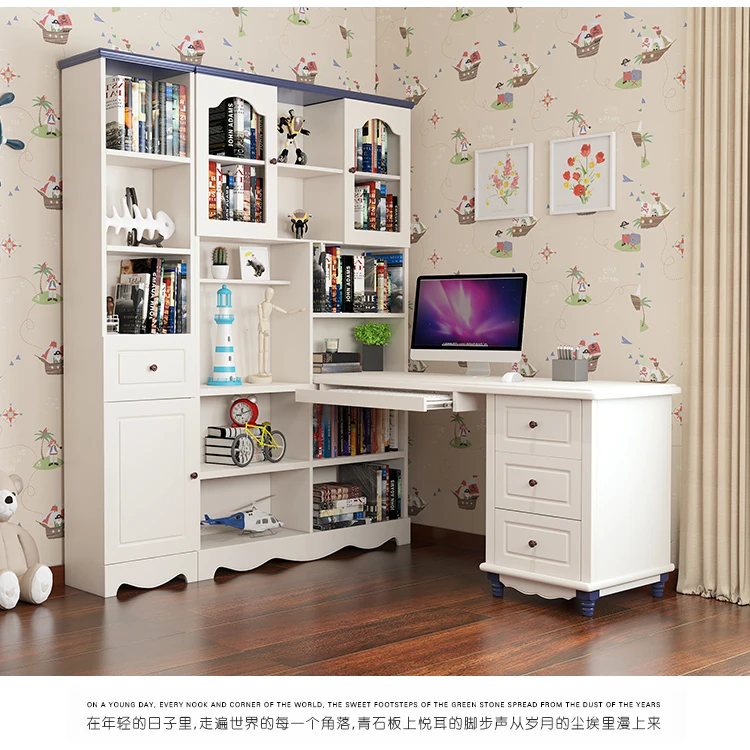 Mediterranean children study desk home student desktop computer desk extended bookshelf cabinet combination