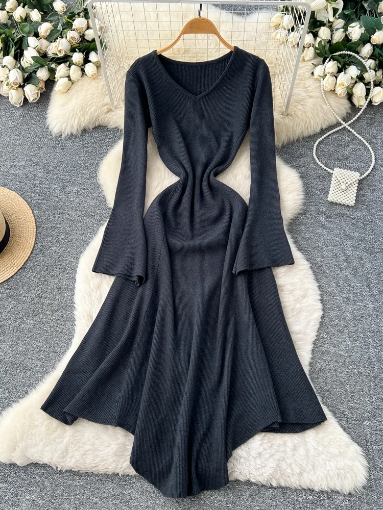 Franse Sle Hoge Taille Gebreide Dr Dames Herfst Winter Innerlijke Slijtage Asymmetrische Bell Sve V Ne Dr Ci Pendelen