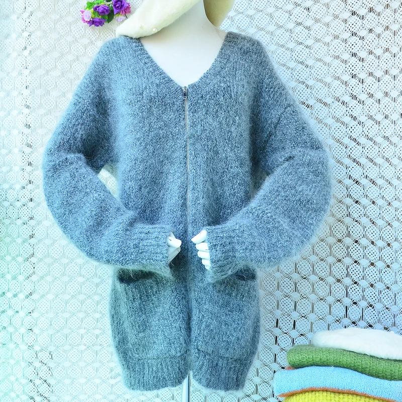 

2025 Autumn/Winter Thickened Mid-Length Soft and Chewy Dark Grey Striped Loose and Lazy Cashmere Cardigan for